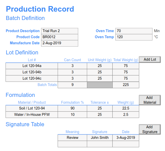 Batch records are custom made by SciCord to fit your individual production process. Lots, formulation ingredients, production parameters, etc can all be defined according to your needs.