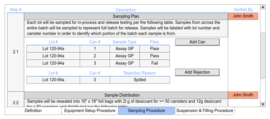 Each phase in the process gets its own worksheet, and is further sub-divided into steps. Information about each sample/can/lot is entered as the process progresses, and verified by appropriate personnel after each step.